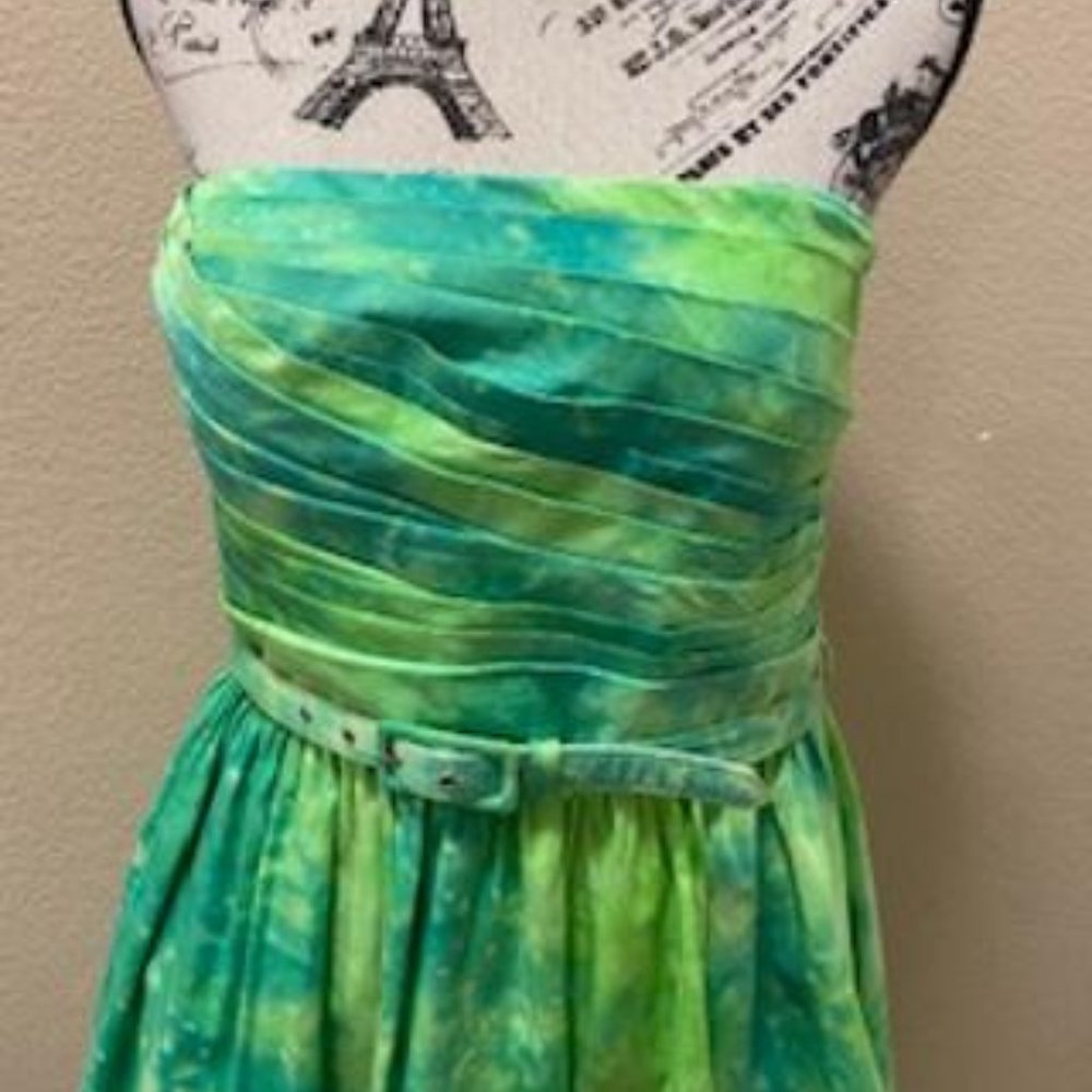 OLEG CASSINI TIE DYE GREEN STRAPLESS SUMMER DRESS - Picture 2 of 3